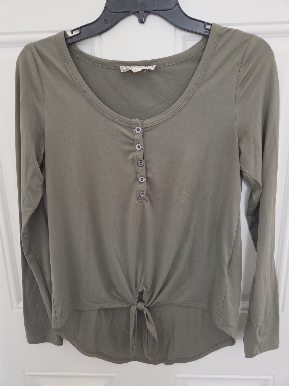 Pink Republic Olive Green Long Sleeve Tie-Front Henley Top